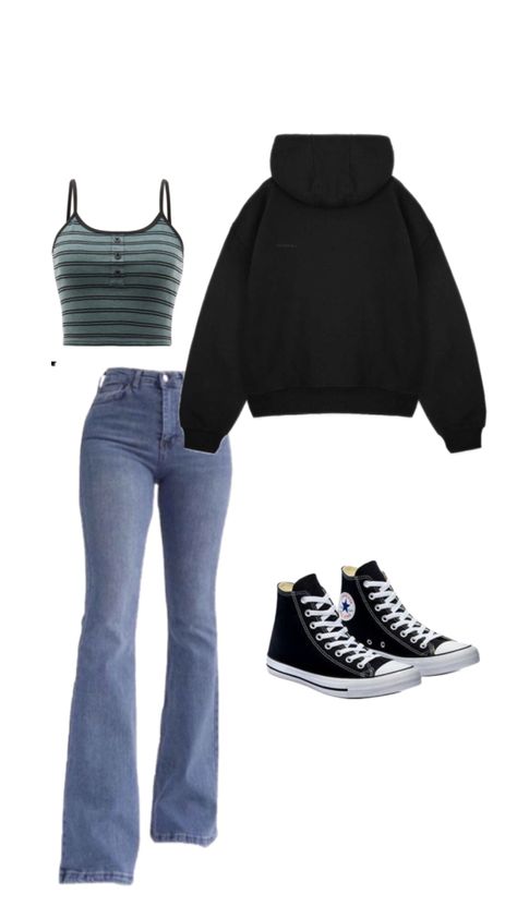 Blue bootcut jeans, blue wide leg jeans, stripped crop top, hoodie, converse shoe, black sneakers, black sweatshirt, college outfit, basic outfit, back to school outfit Outfits With Bootcut Jeans For School, Outfits For Bootcut Jeans, Flared Pants Outfit Aesthetic, Bootcut Jeans Outfit Aesthetic, Bootcut Jeans Outfit Casual, Bootcut Pants Outfit, Basic Outfit Aesthetic, Casual Outfit College, Casual College Outfit