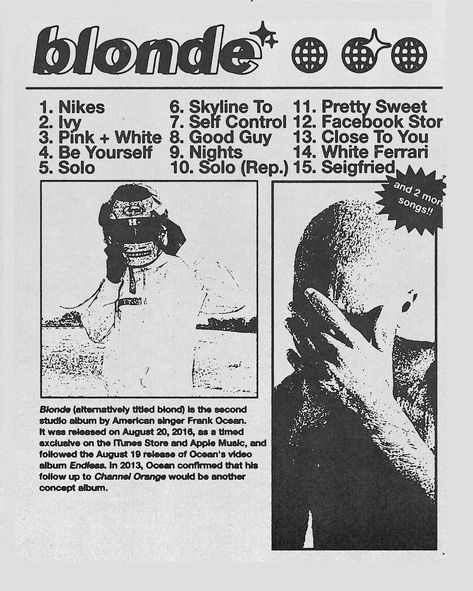 Frank Ocean's "Blond" with our retro-inspired poster. Capturing the essence of the iconic album, this visually striking piece seamlessly blends vintage aesthetics with modern vibes. Elevate your space with the timeless allure of "Blond" and immerse yourself in the magic of Frank Ocean's masterpiece. Blond Frank Ocean Poster, Blond Poster, Poster Frank Ocean, Blond Frank Ocean, Frank Ocean Poster, Wall Decor Music, The Wombats, Ocean Poster, Grunge Posters