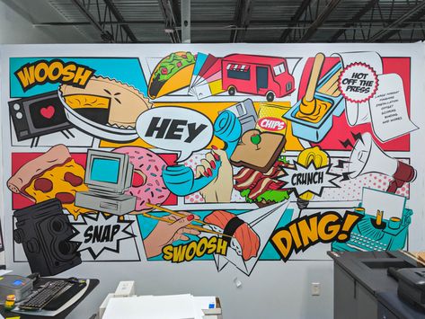 Comic Mural, Office Wall Graphics, Mural Cafe, Seni Mural, Office Mural, Mural Art Design, Cafe Wall Art, School Murals, Corporate Art