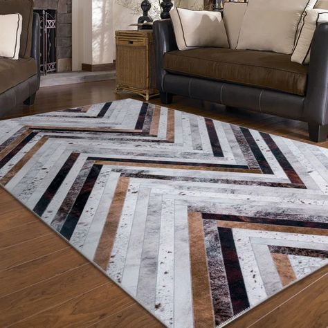 DECOMALLModern Geometric Stripe Design Machine Washable Rug Cream/Brown Multi & Reviews | Wayfair Cowhide Rug Living Room, Grey And Brown Living Room, Tan Living Room, Faux Cowhide Rug, Western Living Room, Black Couches, Black Living Room Decor, Awesome Houses, Cream Living Rooms