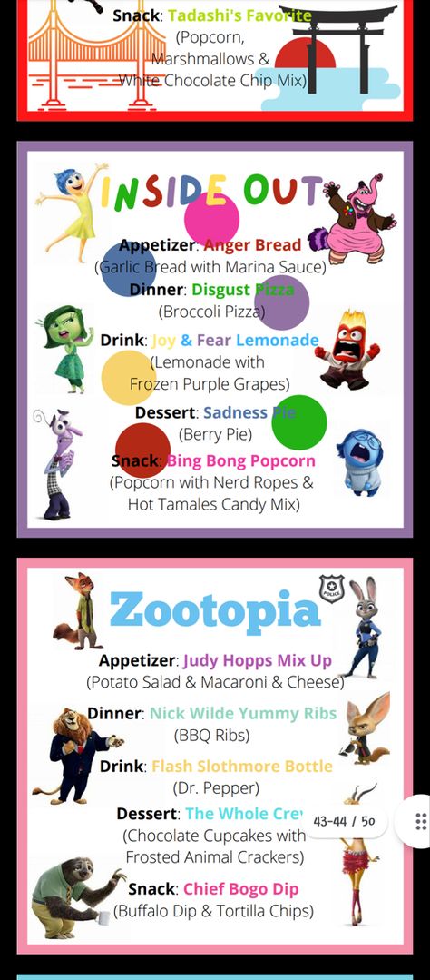 Inside Out Dinner Theme, Frozen Movie Dinner Ideas, Finding Nemo Movie Night Food, Disney Movie Night Theme Food, Inside Out 2 Dinner Ideas, Family Movie Night Food Ideas, Inside Out Dinner Ideas, Elemental Movie Dinner, Disney Birthday Activities