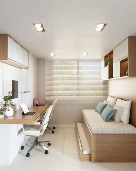 28 Inspiring Home Office in Bedroom Designs for Maximized Space - placeideal.com Home Office In Bedroom, Office In Bedroom, Small Office Room, Guest Bedroom Home Office, Tiny Bedroom Design, Guest Bedroom/office, Contemporary Office Design, Small Space Office, Desks For Small Spaces