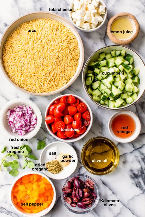 This Greek Orzo Salad recipe is a light and flavorful pasta salad that's delicious as a side dish or main dish. It'd be perfect with anything you’re grilling this summer! #orzo #pastasalad #summer #bbqsides #vegetarian Skinnytaste Lunch, Orzo Salads, Summer Orzo, Greek Orzo, Greek Orzo Salad, Orzo Salad Recipes, Potato Salads, Vegan Paleo Recipes, Orzo Pasta Salad