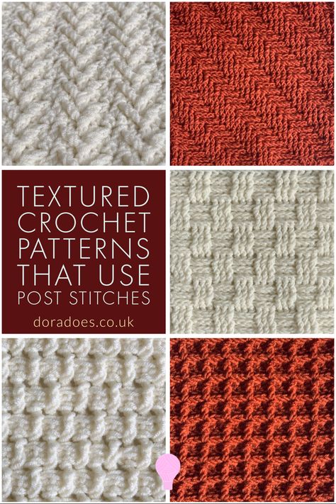 A collage of textured crochet stitch pattern swatches, crocheted in cream and copper yarn, with text reading ‘textured crochet patterns that use post stitches.’ Geometric Crochet Stitches, Sample Crochet Stitches, Crochet Stitches No Holes, Crochet Closed Stitches, Crochet Sweater Stitches Patterns, Textured Stitches Crochet, Front Post Crochet Patterns, Post Crochet Stitches, Crochet Raised Stitches