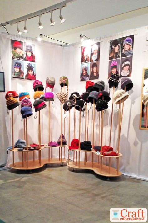 How To Display Hats At A Craft Show, How To Display Hats, Hat Display Ideas Craft Show, Sweater Display, Diy Hat Display, Yarn Display, Sock Display, Craft Fair Booth Display, Craft Show Booths