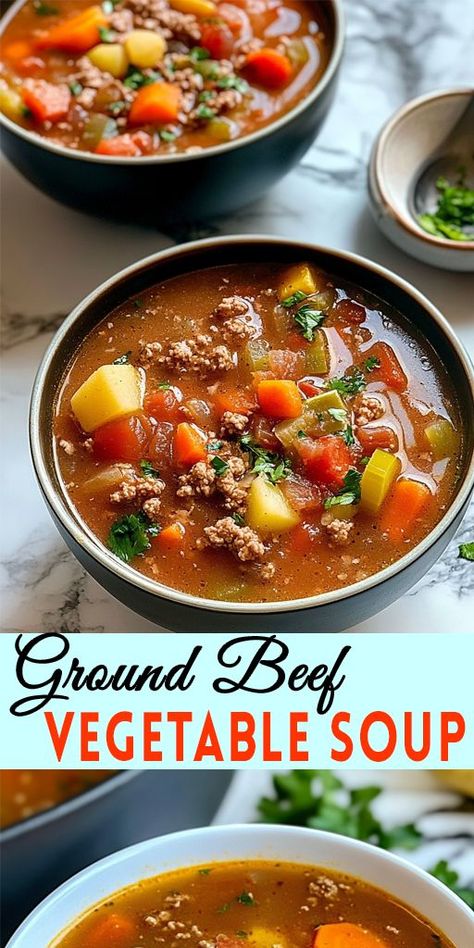 Looking for a warm and satisfying meal? Try this Ground Beef Vegetable Soup that’s loaded with flavor and nutrients! 🌟 Made with tender ground beef and a colorful mix of fresh vegetables, this soup is the perfect way to warm up on chilly days. Don’t forget to save this pin for a cozy meal later! 💾💕 #GroundBeefVegetableSoup #ComfortFood #EasySoupRecipe #HealthyEating #FamilyDinner #SoupSeason #RecipeIdeas #FoodLovers #CookingAtHome #Yummy Soup With Ground Beef Easy, Ground Beef Easy Recipes, Beef Easy Recipes, Vegetable Soup Seasoning, Vegetable Soup With Ground Beef, Crock Pot Vegetable Soup, Veg Beef Soup, Food For Cold Days, Ground Beef Vegetable Soup