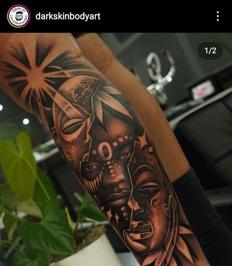 Shoulder Tattoos For Men Unique, African Style Tattoos, Yoruba Tattoo Ideas, African American Tattoos Ideas, African Leg Tattoo Men, Cool African Tattoos, African Tattoo Ideas For Men Sleeve, Nigerian Tattoo Ideas Men, Africa Tattoo Ideas