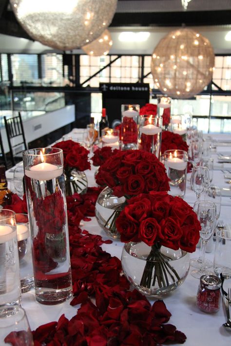 Modern Romance at Doltone House Loft - red roses and rose petals Red Roses Centerpieces, Red Quince, Red Wedding Decorations, Best Wedding Colors, Red And White Weddings, Red Wedding Theme, Quince Decorations, Red Rose Wedding, Rose Centerpieces