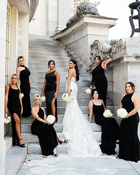 a moment for Gabrielle & Nick’s bridal party because they def understood the assignment 🫡🔥😍 | Instagram Bridal Party Shots Picture Ideas, Serious Bridal Party Photos, Bridesmaid Photos With Bride, Wedding Photoshoot Bridal Party, Black Tie Wedding Family Photos, Bridal Party Winter Wedding, Old Money Bridal Party, Moody Bridal Party Photos, Black Dress Bridal Party Photos