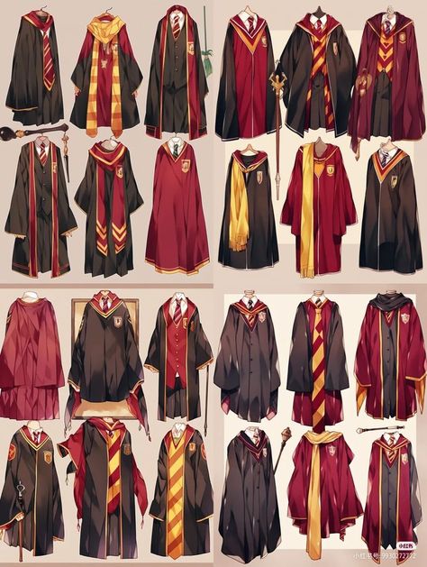 Harry Potter Uniform Drawing, Harry Potter Gryffindor Uniform, Hogwarts Uniform Drawing Reference, Dress Robes Harry Potter, Griffindor Outfits Uniform, Harry Potter Gryffindor Outfits, Hogwarts Uniform Drawing, Gryffindor Outfit Ideas, Harry Potter Fashion Outfits