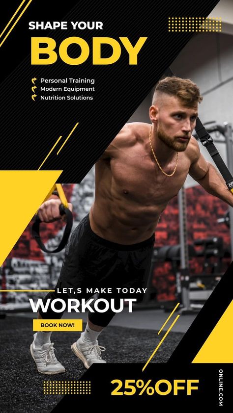 Gym Workout Instagram Story Idea - Personal Training Male Body Routine Promotional Video with Code [Video] | Social media page design, Social media design, Fitness flyer Gym Advertising, Easy Photoshop Tutorials, Workout Book, Facebook Stories, Body Routine, Fitness Flyer, Gym Poster, Fashion Poster Design, Workout Posters