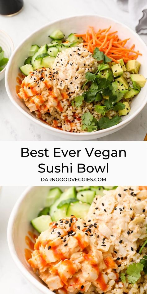 Vegan Sushi Bowl with both California and spicy tuna fillings! Served with brown rice, cucumbers, and avocado. Gluten Free and ready in 10 minutes! Vegan Sushi Bowl, Sushi Vegan, Smoothies Vegan, Sushi Bowl, Vegan Sushi, Spicy Tuna, Vegan Bowls, Tasty Vegetarian Recipes, Idee Pasto Sano