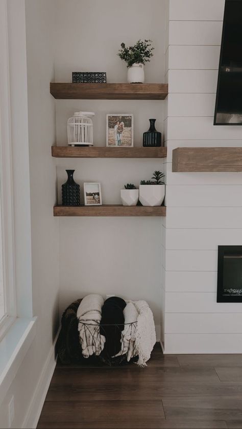 Fireplace Decor Shelves, Floating Shelves Beside Fireplace Living Room, Floating Wood Shelves Fireplace, Wood Shelves Beside Fireplace, Basement Floating Shelves, Shiplap And Floating Shelves, Picture Floating Shelves Living Room, Plant Built In Shelves, Floating Shelves Next To Mantle