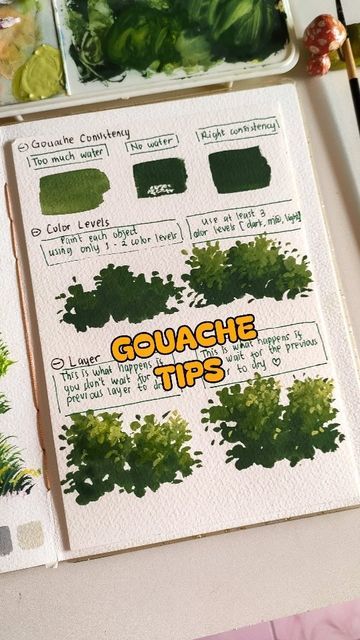 Gouache Process, Gouche Painting Reference, Gouache Tree Tutorial, Gouache Practice, Gouache Color Mixing Chart, Gouache Tips And Tricks, Gouache Painting Inspiration, Cute Gouache Painting, Gouache Art For Beginners Step By Step