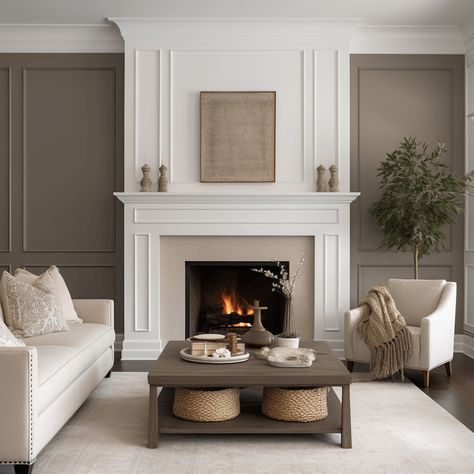 White Fireplace White Walls, Living Room Wood Fireplace, Box Molding Fireplace, Fireplace And Panelling, Feature Wall With Tv And Fireplace, Wainscoting Above Fireplace, Board And Batten Around Fireplace, Fireplace Mantle Design, Fireplace Wainscoting Wall