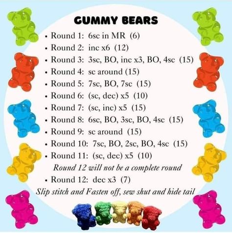 free crochet patterns tutorials | Facebook Gummy Bears Crochet Pattern, Crochet Care Bear Pattern, Amigurumi Gummy Bear Free Pattern, Gummy Bear Free Crochet Pattern, How To Crochet A Gummy Bear, Free Crochet Patterns Stuffed Animals, Crochet Gummy Bear Pattern Free, Crochet Gummy Bear Pattern, Gummy Bear Crochet Pattern