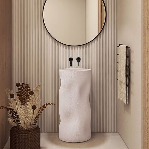 34" Tall Japandi Stone Resin Freestanding Bathroom Sink Cylinder Pedestal Sink in Beige Contemporary Pedestal Sink, Pedestal Basin Design, Freestanding Basin Bathroom, Free Standing Sink Bathroom, Lavabo Freestanding, Free Standing Basin, Standing Sink, Freestanding Sink, Small Toilet Design