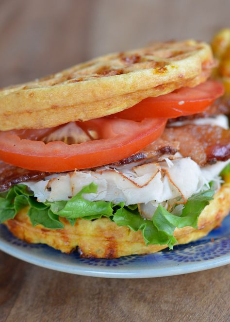 Keto Turkey Club Sandwich Low Carb Chaffle, Turkey Club Sandwich, Keto Turkey, Bacon Jam Recipe, Low Carb Sandwiches, Low Carb Marinara, Chaffle Recipe, Turkey Club, Turkey Sandwich