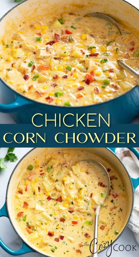 This Chicken Corn Chowder is an easy recipe that you can make with fresh, leftover, or rotisserie chicken! It has potatoes and corn in a flavorful broth with bacon and green onions! Chicken Corn Chowder Recipe, Potatoes And Corn, Chicken Chowder, Chicken Corn Chowder, Chicken Corn, Corn Chowder Recipe, Chowder Soup, Leftover Rotisserie Chicken, Chowder Recipe