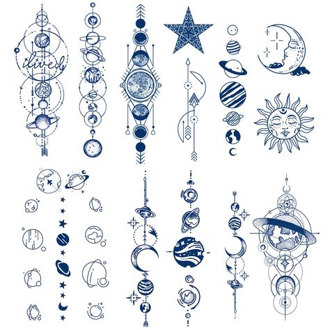 Semi Permanent Planet Temporary Tattoos, 6-Sheet 2 Weeks Long Last Waterproof Moon Star Sun Tattoos, 100% Plant-Based Ink Infinity Realistic Tattoos Sticker Geometric Coloring Pages, Sun Tattoo Designs, Planet Tattoos, Sun Tattoos, Tattoo Design Book, Sun Tattoo, Moon Star, Semi Permanent, Tattoo Stickers