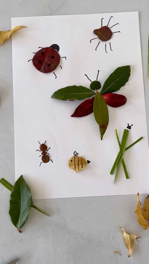 Art And Nature For Kids, Bug Arts And Crafts, Bugs Arts And Crafts, Leaf Bugs Craft, Leaf Bug Craft, Bugs Crafts Preschool, Leaf Insects Craft, Pollinator Craft, Insects Creative Activities