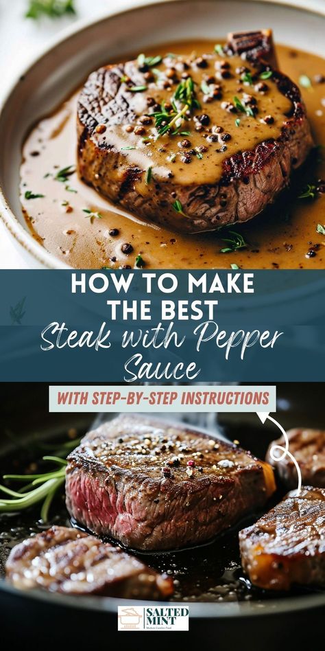 This easy-to-make sirloin steak, is seasoned to perfection and served with a creamy peppercorn sauce. Whether it's for a special date night in or a Valentine's celebration, this recipe adds a touch of sophistication to any evening. Our grilled or pan-seared sirloin steak recipes are not just simple to prepare but also cater to a healthier lifestyle. Indulge in the flavors of a classic steak au poivre at home and enjoy a memorable steak dinner. Steak In Sauce Recipes, Peppercorn Marinade For Steak, Steak Au Poivre Recipe Peppercorn Sauce, Peppercorn Demi Glaze, Peppercorn Steak Recipe, Top Sirloin Steak Dinner Ideas, Pan Seared Tenderloin Steak, Recipes With Petite Sirloin Steak, Sirloin Steak Tips Recipes Easy