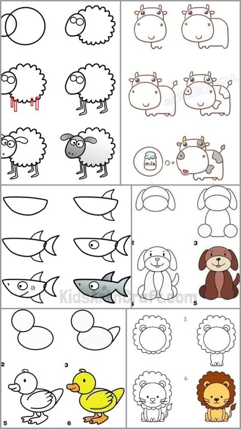 Easy Animals to Draw with Step by Step Tutorials - Kids Art & Craft Easy Way To Draw Animals, Doodle Animals Step By Step, Step Step Drawing, Learn To Draw Animals, Chalk Animals Easy, Step By Step Farm Animal Drawing, How To Draw Farm Animals Easy, Step By Step Chalk Drawing, Easy To Draw Animals Step By Step