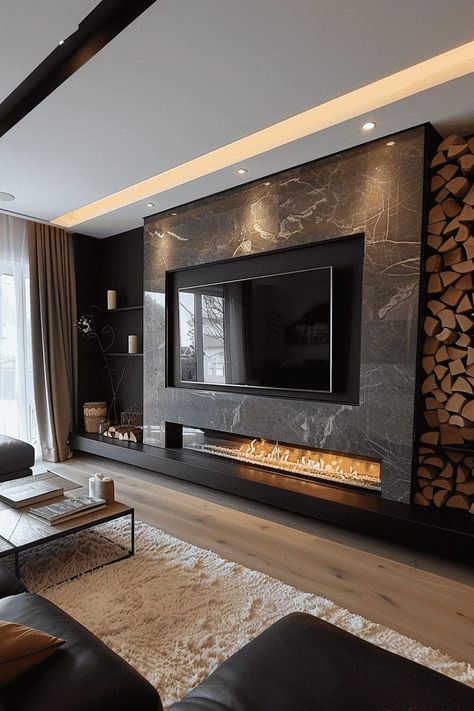 Modern Living Room Design, Modern Tv Wall, Living Room Dining Room Combo, Living Room Designs Small Spaces, Room With Fireplace, Living Room Design Inspiration, Tv Units, Living Room Partition, Living Room Partition Design