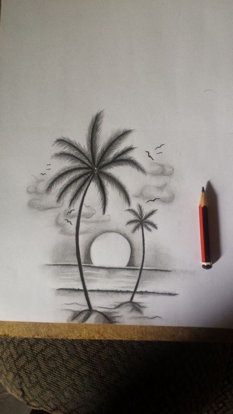 Palm Tree Tattoo Sketch, Palm Tree Tattoo Drawing, Palm Tree Tattoo Design Drawing, Palm Tree Sunset Tattoo Design, Beach Drawing Sketches, Palm Drawing, Sunset Sketch, Tree Pencil Sketch, Jute Wall Art