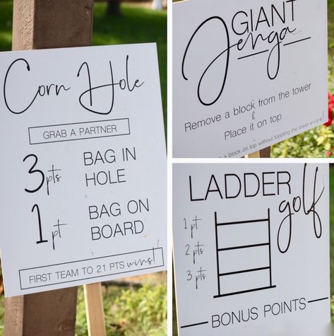 Wedding Ideas Games, 90's Games, Yard Games Wedding, Wedding Yard Games, Game Signs, Ladder Golf, Outdoor Wedding Games, Lawn Games Wedding, Outdoor Wedding Decor