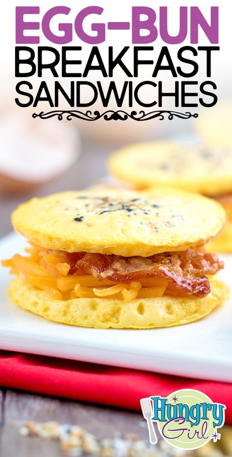 Low-Carb Egg-White Breakfast Sandwiches + More Healthy Breakfast Recipes | Hungry Girl Keto Egg Sandwich, Egg Patties How To Make, Gastric Bypass Breakfast Recipes, Egg Bun Breakfast Sandwich, Keto Egg Sandwich Breakfast, Egg Tomato Breakfast Sandwich, Bariatric Soft Food Breakfast Ideas, Bariatric Egg Recipes, Bariatric Sandwich Recipes