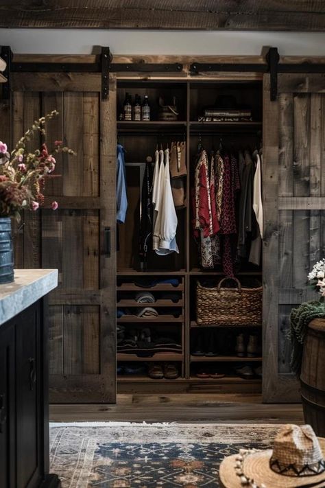 Rustic Charm: Farmhouse Closet Ideas Unlocked Western Master Closet, Farmhouse Closet Ideas, Rustic Walk In Closet, Clothes Closet Design, Simple Farmhouse Bedroom, Rustic Wardrobe, Diy Closet Ideas, Farmhouse Closet, Rustic Closet