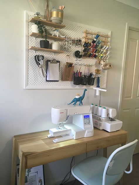 Anatomy of a Small Sewing Space Diy Small Sewing Table, Small Sewing Desk Ideas, Sewing Small Space, Spare Bedroom/sewing Room Ideas, Small Sewing Station, Bedroom Sewing Space, Sewing Station Aesthetic, Sewing Desk Organization, Sewing Setup Small Space