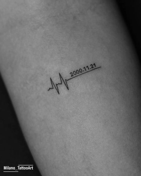 Heartbeat with date tattoo Tattoo Date Of Birth Numbers, Dates Tatoos Ideas, Date And Time Tattoo, Tattoo Ideas For Birth Date, Dainty Date Tattoos, Couple Date Tattoos, Heartline Tattoo, Heart Birthdate Tattoo, Tattoo Ideas Dates