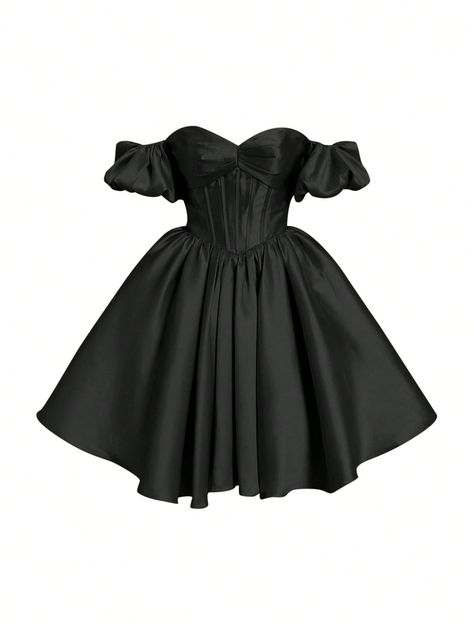 Women's Solid Color Off-Shoulder Diamond Embellished Waist Belt Evening Dress Black   Short Sleeve Woven Fabric Plain Fit and Flare Non-Stretch  Weddings & Events, size features are:Bust: ,Length: ,Sleeve Length: Black Princess Dress Short, Cute Short Dresses For Prom, Black Short Wedding Dress, Black Dama Dresses For Quince, Black Wedding Dress Short, Elegant Hoco Dresses, Dresses For Prom Short, Short Dresses For Prom, Black Homecoming Dress Short