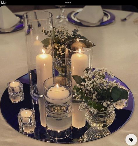 Circle Mirror Centerpiece, Wedding Mirror Centerpieces, Mirror Base Centerpiece, Black And White Photo Centerpieces, Candle And Mirror Centerpieces Wedding, Mirror Centerpiece Wedding, Mirror Centerpiece Ideas, Mirror Candle Centerpiece, Silver Centerpieces