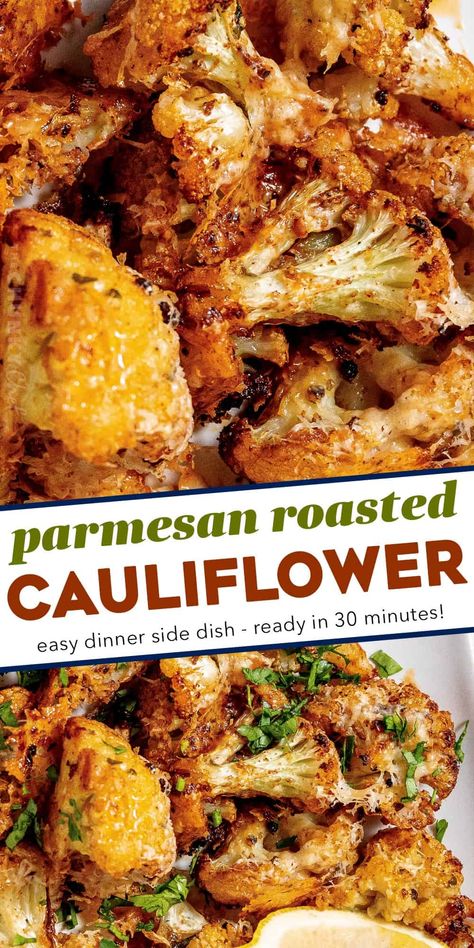 Cauliflower Parmesan Crisps, Crispy Parmesan Roasted Cauliflower, Cheesy Cauliflower Melt, Parmesan Dessert, Dinner Cravings, Metabolism Recipes, Easy Dinner Side Dishes, Yummy Vegetables, Parmesan Roasted Cauliflower