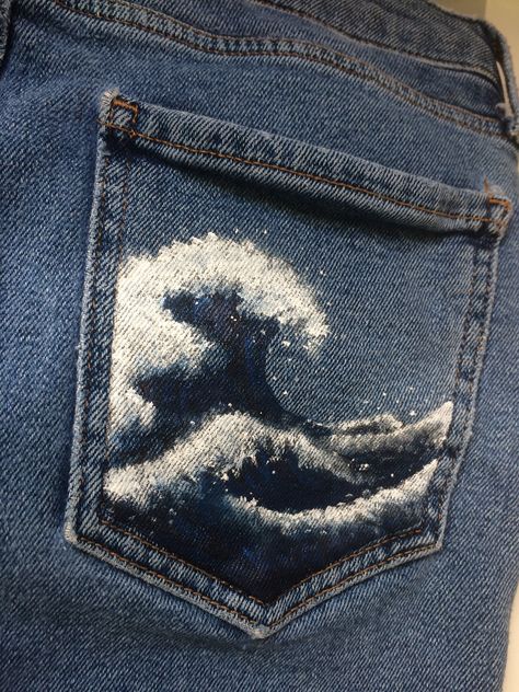 Pocket Painting, Jean Diy, Diy Sy, Painted Clothes Diy, Diy Jeans, Denim Art, The Great Wave, Custom Jeans, Painted Jeans