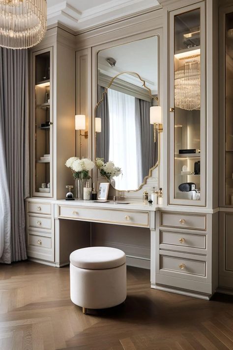 Discover elegant built-in dressing tables to optimize space. Blend functionality and style seamlessly in your bedroom or vanity area. Built In Dressing Table, Dressing Room Decor, Diy Copper, Desain Pantry, Dream Closet Design, Dressing Table Design, Bedroom Dressing Table, Vanity Area, Optimize Space