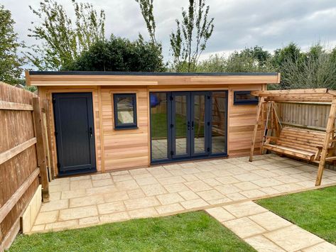 Garden Office With Shed, Garden Houses Ideas Cabins, Garden Workshop Buildings, Garden Room And Shed, Modern Garden Rooms Uk, Garden Design With Outbuilding, Garden Garage Ideas, Garden Room With Shed, Garden Room Floor Plan