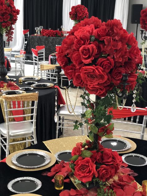 Red Black And Gold Flower Arrangements, Red Black And Gold Wedding Centerpieces, Red And Black Charro Quinceanera Theme, Black Red And Gold Wedding, Red And Gold Quinceanera Decorations, Red Black And Gold Wedding, Charro Quinceanera Theme, Red Quinceanera Theme, Crystal Wedding Decor