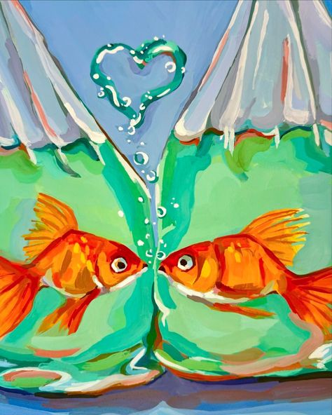 Acrylic Animal Painting Ideas, Color Value Painting, Guache Fish Painting, Easy Animal Paintings, Fun Acrylic Paintings, Summer Painting Ideas, Fish Gouache, Goldfish Art Painting, Gouache Painting Ideas