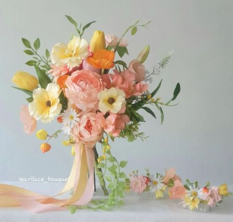 Colorful Peony Bouquet, Small Whimsical Bouquet, Small Pastel Bouquet, Champagne Floral Arrangements, Small Spring Bouquet, Spring Wedding Bouquets Pink, Orange And Pink Bouquet, Mini Bridal Bouquet, Yellow Pink Wedding