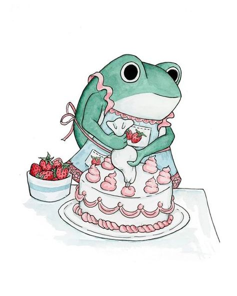 Frog Baking, Baking Cottagecore, Baking A Cake, Cake Drawing, Frog Wallpaper, Frog Illustration, Frog Drawing, Frog Art, Cute Strawberry