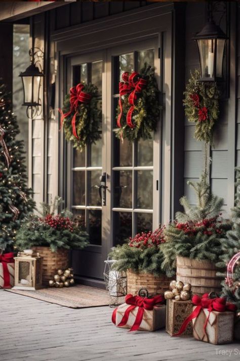 Decorate Antlers For Christmas, Craftsman Christmas Decorations Outdoor, Red Brick House Christmas Decor, Vintage Christmas Exterior, Christmas Farmhouse Porch Decor, Christmas Front Porch Bench, Christmas Outdoor Porch Ideas, Outside House Christmas Decorations, Old Crocks Christmas Decor Ideas