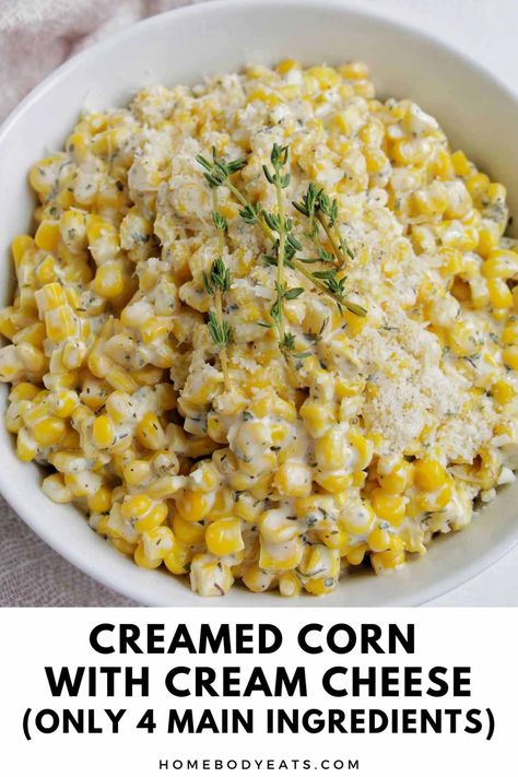 I'm obsessed with this homemade creamed corn recipe! It uses cream cheese, parmesan cheese, and Italian spices. This recipe is so easy and only has 4 main ingredients. I love how cheesy this creamed corn recipe is! You can easily keep it warm on the stovetop or in a crockpot if you want to make it ahead of time for Thanksgiving dinner. This would be a great holiday side dish for a crowd! Best Creamed Corn, Canned Corn Recipes, Thanksgiving Vegetable, Corn Thanksgiving, Corn Side, Homemade Cream Corn, Slow Cooker Creamed Corn, Corn Recipes Side Dishes, Cream Cheese Corn