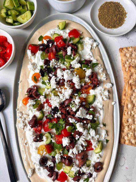 Greek 7 Layer Dip with Za'atar Mediterranean Layer Dip, 7 Layer Mediterranean Dip, 7 Layer Greek Dip, Greek 7 Layer Dip Skinnytaste, Layered Meditteranean Dip, Layered Greek Dip, Greek Hummus Dip Layered, Greek Layer Dip, Greek Dip