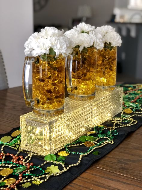 Dads Birthday Theme Party Ideas, Beer Centerpiece Ideas, Beer Themed 60th Birthday Party, Beer Bottle Centerpieces For Birthday, 30th Birthday For Him Decoration, Cheers Themed Birthday Party, Beer Themed Dessert Table, Beer Mug Centerpiece 50th Birthday, Cheers And Beers Centerpiece