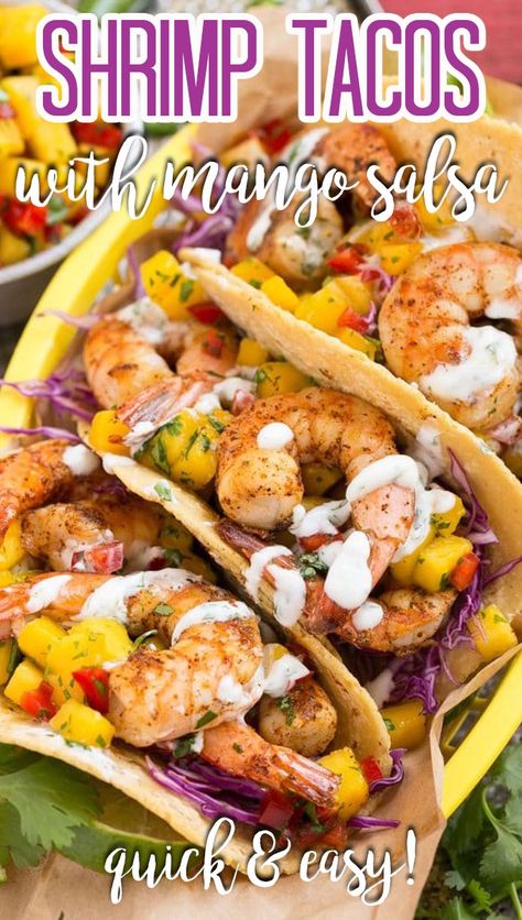 These shrimp tacos with mango salsa are a quick and easy dinner option that features tender shrimp, sweet and tangy mango salsa, and creamy cilantro lime sauce, all inside warm corn tortillas. Creamy Cilantro Lime Sauce, Shrimp Tacos With Mango Salsa, Mango Tacos, Healthy Shrimp Tacos, Cilantro Lime Shrimp Tacos, Tacos With Mango Salsa, Grilled Shrimp Tacos, Shrimp Tacos Easy, Mango Slaw