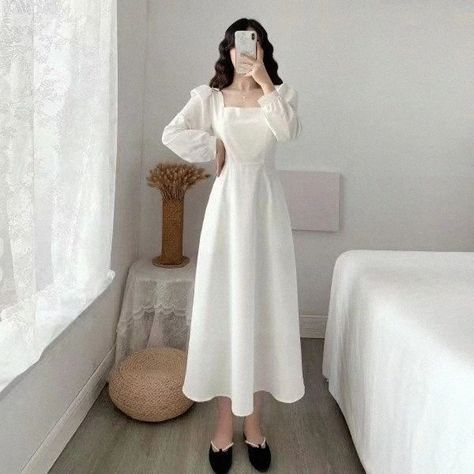 Lasaky - Chic Long-Sleeve Midi Dress White Christmas Dress, White Evening Gown, Backless Evening Gowns, Dress With Square Neckline, White Evening Gowns, Butterfly Print Dress, Midi Dress Elegant, Irregular Skirt, Dress Elegant Long